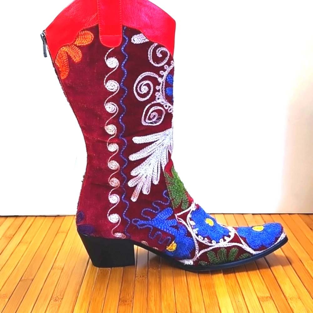 Turkish Sole Womens Back Zip Embroirered Red Velvet Leather Lined Cowboy Boots - Picture 3 of 12